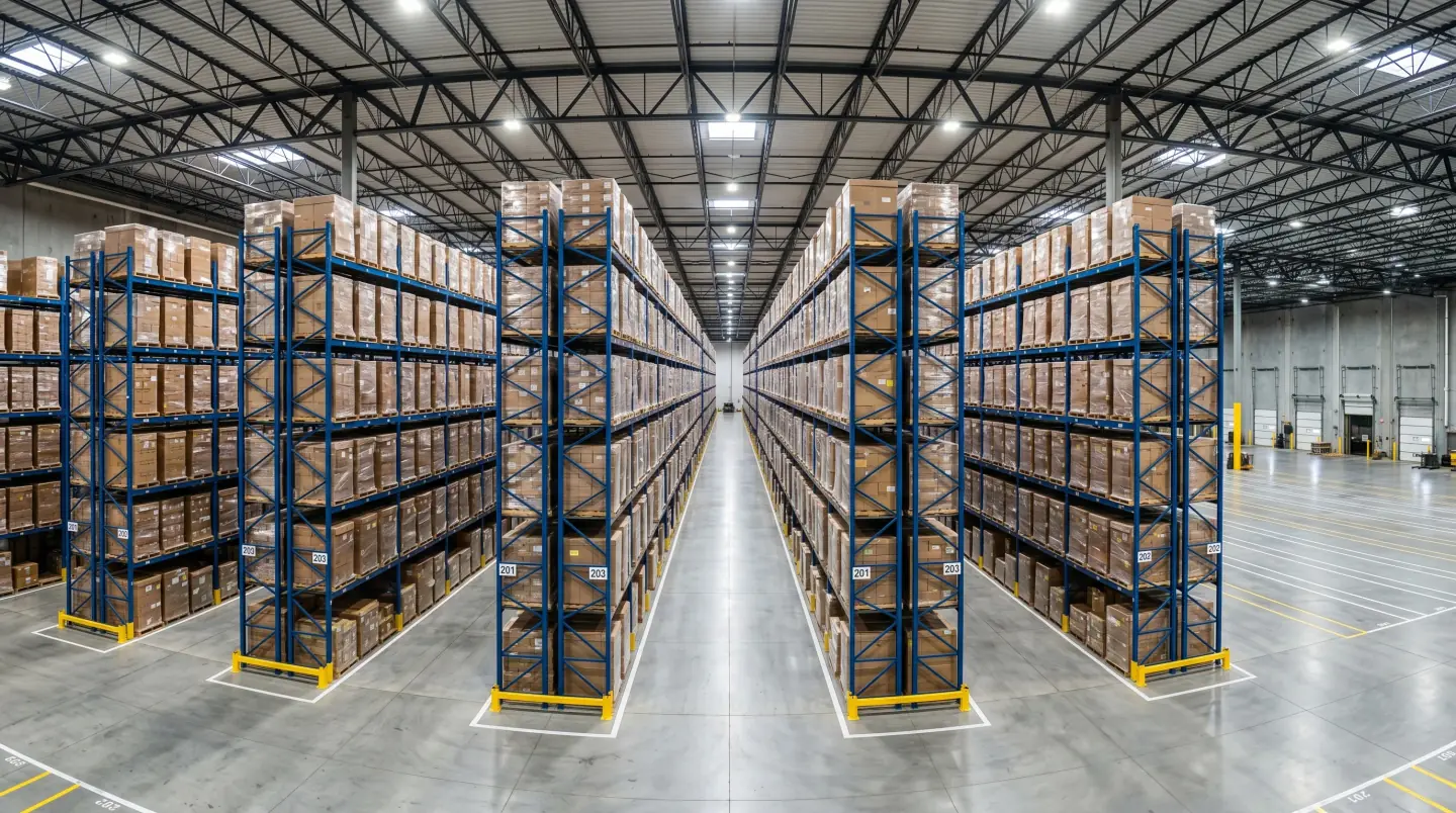 Yellow pallet racking system loaded with inventory in a Central PA warehouse